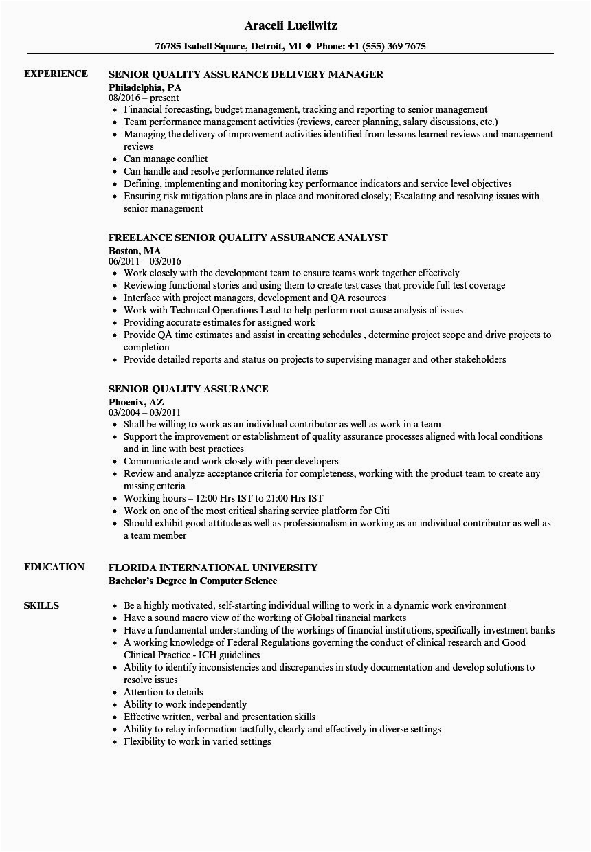 Sample Resume for Quality assurance Executive Quality assurance Resume Example Beautiful Senior Quality