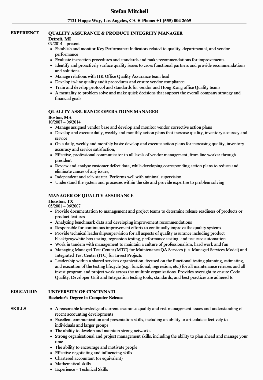 Sample Resume for Quality assurance Manager assurance Quality Manager Resume Samples