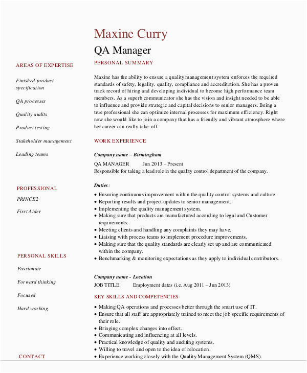 Sample Resume for Quality assurance Manager Free 9 Sample Quality assurance Resume Templates In Ms