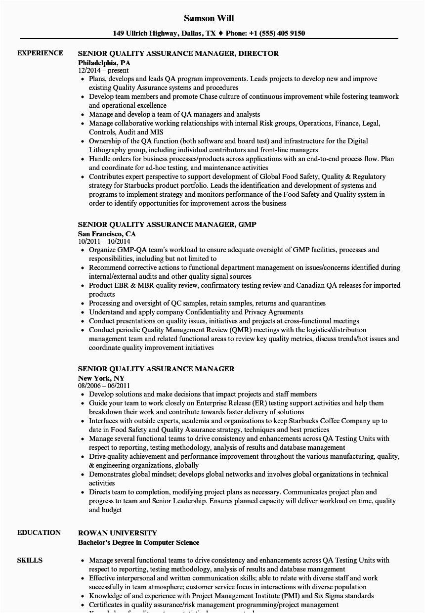 Sample Resume for Quality assurance Manager Quality assurance Manager