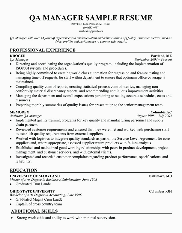 Sample Resume for Quality assurance Manager Quality assurance Manager Resume Sample