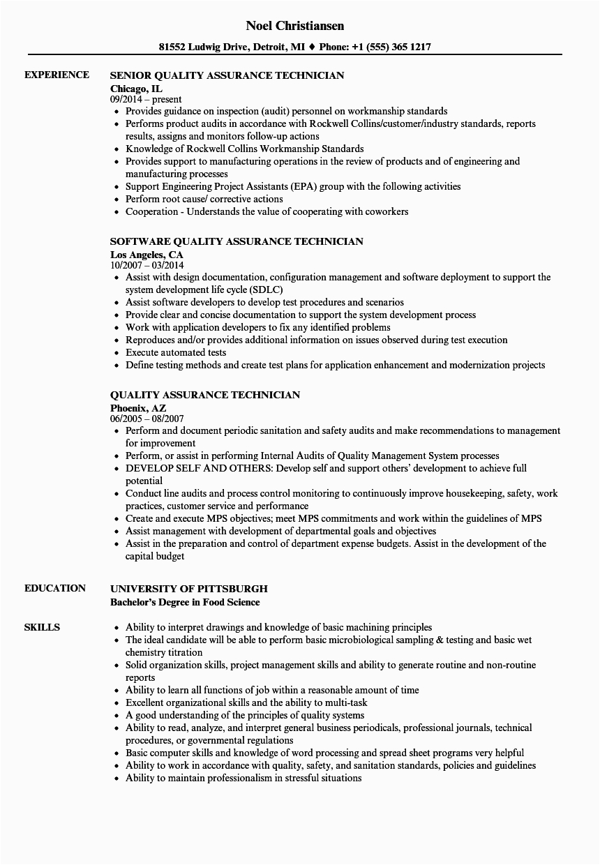 resume for quality control technician