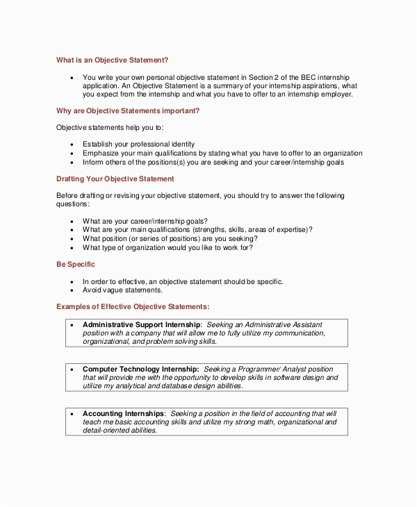 Sample Resume Objective Statements for Internship Free 7 Resume Career Objective Templates In Pdf