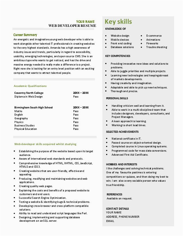 Web Developer Resume Sample for Freshers Download Resume for Web Developer Fresher