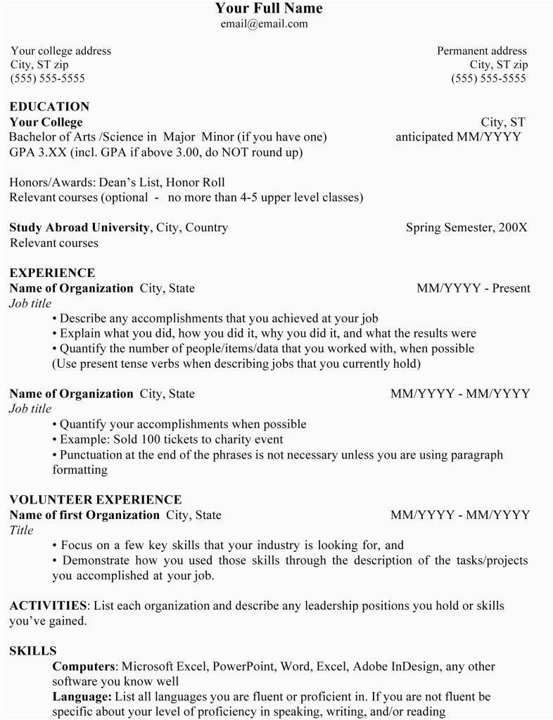 college student resume expected
