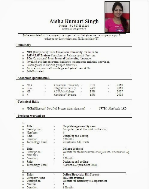 bsc chemistry fresher resume format
