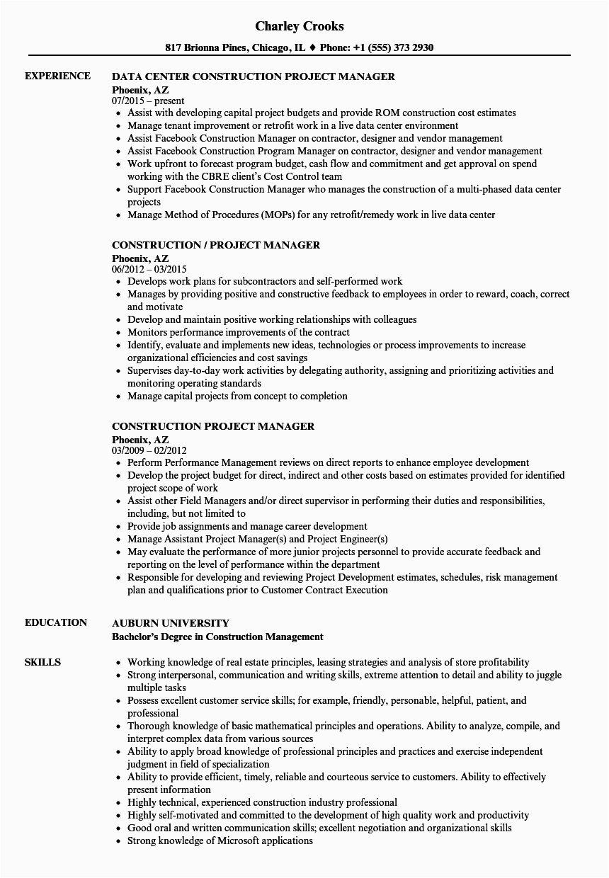 Resume Sample for Construction Project Manager Construction Manager Resume