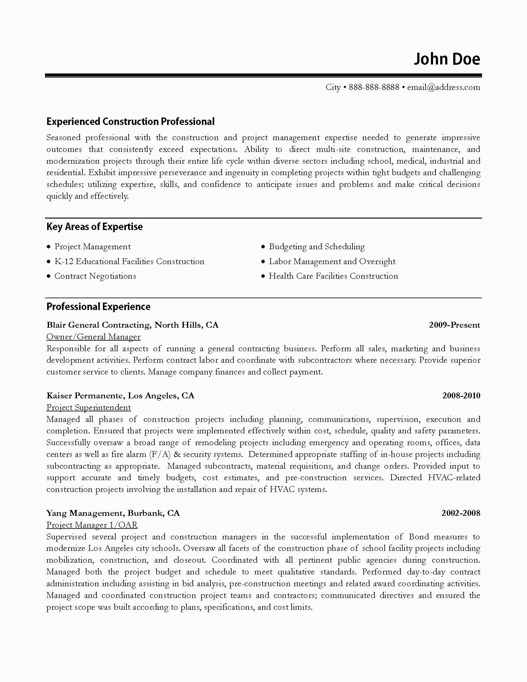construction project manager resume format