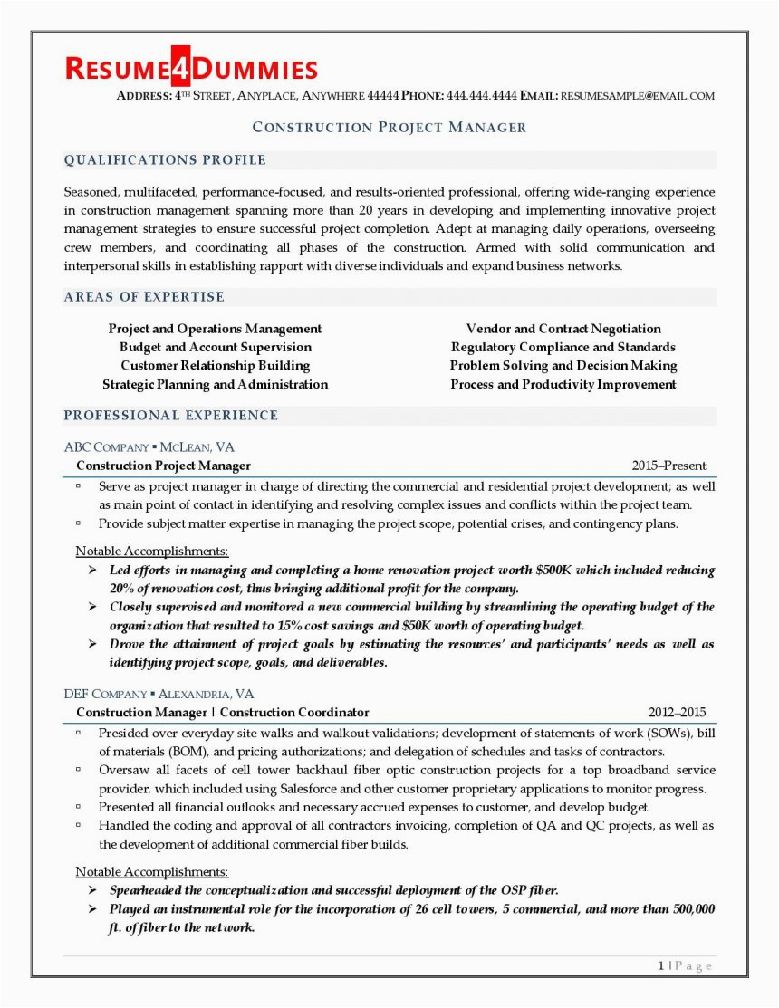 Resume Sample for Construction Project Manager Construction Project Manager Resume