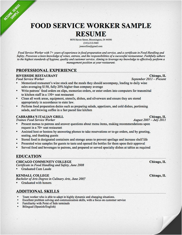 Resume Template for Food Service Industry Food Service Waitress & Waiter Resume Samples & Tips