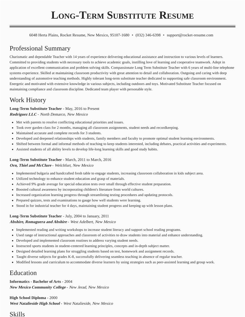 long term substitute teacher position resumes templates and examples