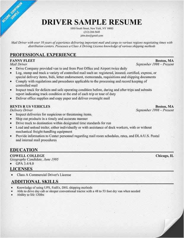resume format for driver job