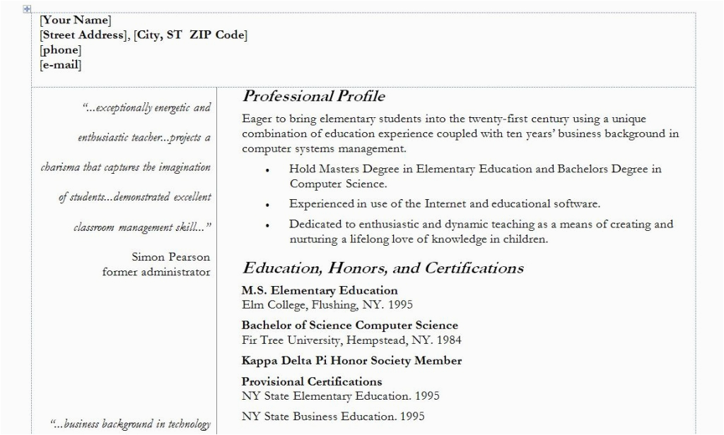 Resume Template with Quotes On Side Teacher Resume Template