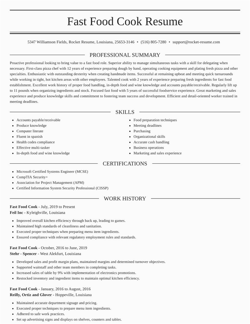 fast food cook career resumes templates and sections
