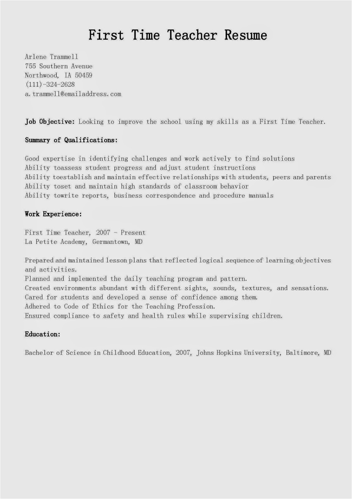 first time teacher resume sample