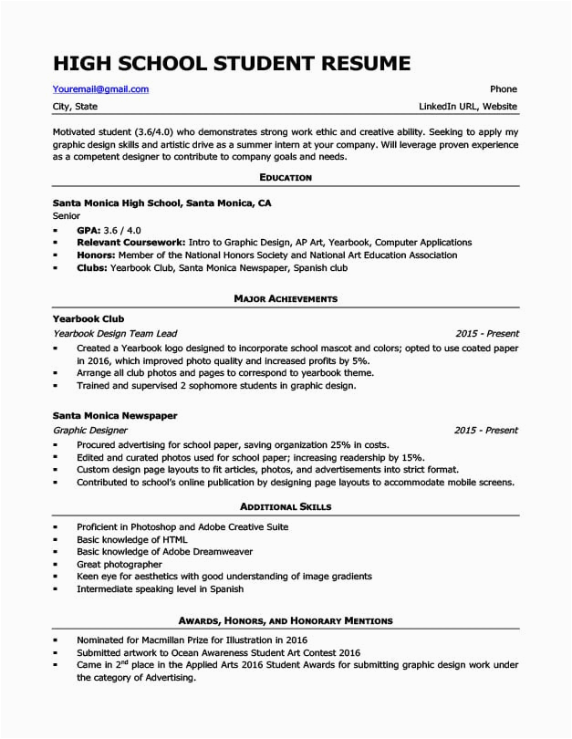 high school student resume sample
