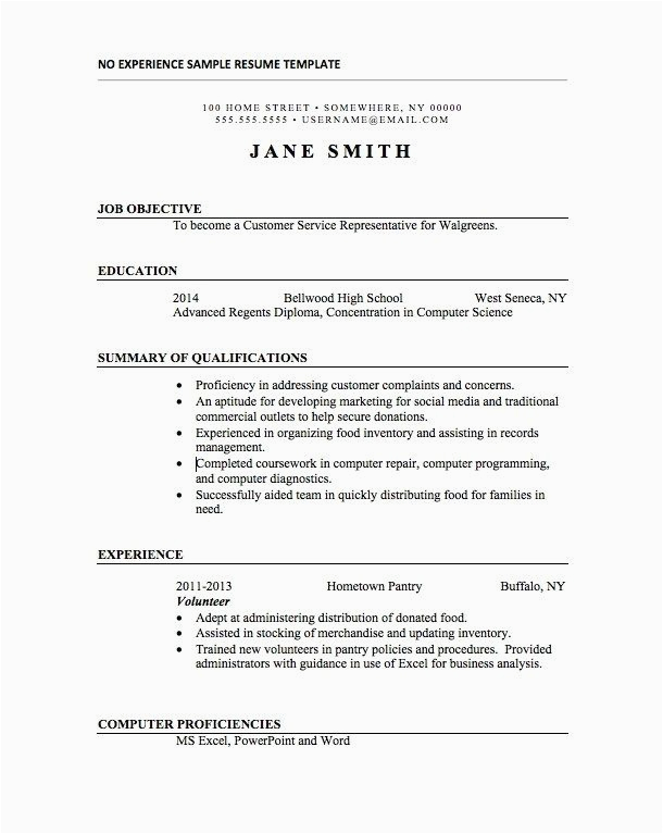 internship resume sample with no