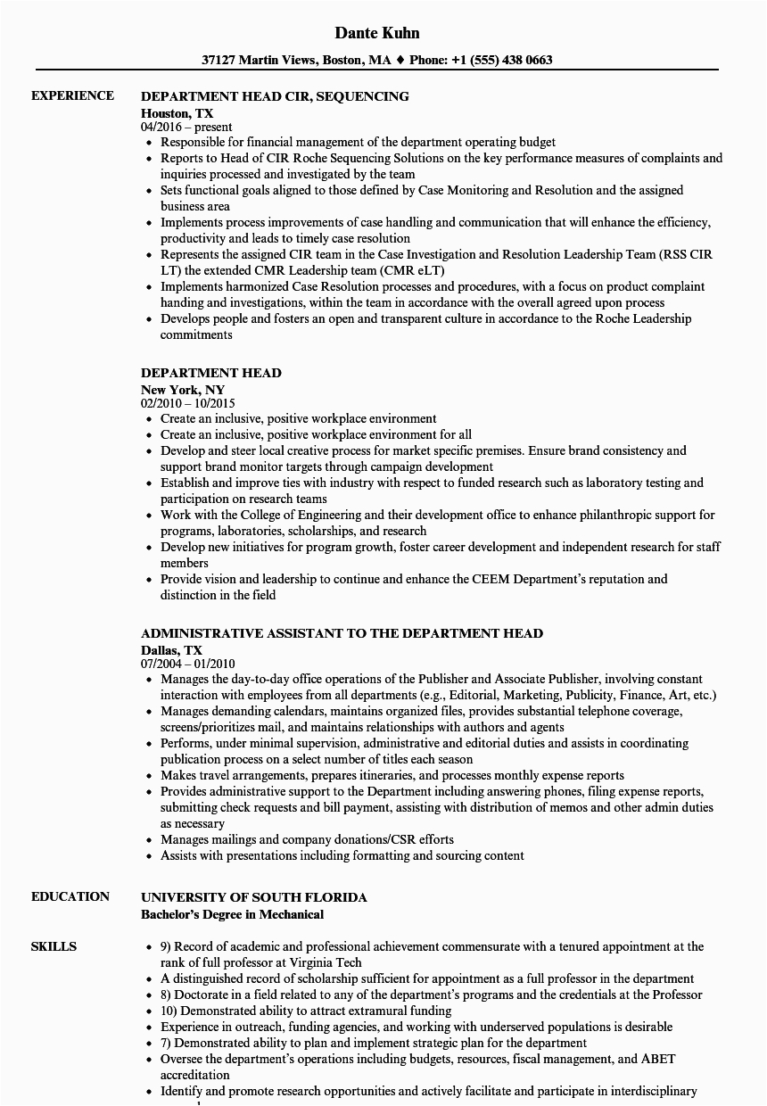 department head resume sample