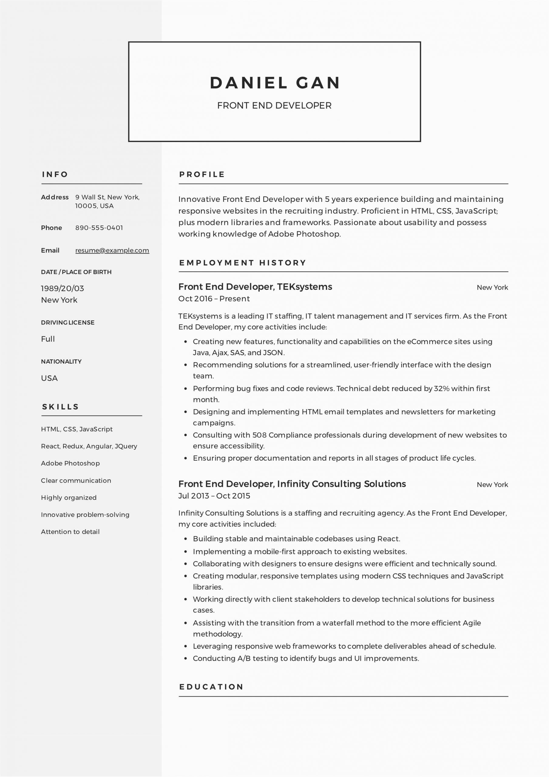 sample resume for web developer fresher