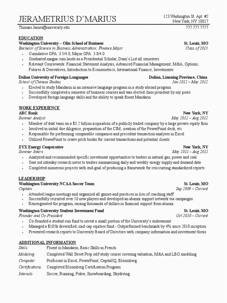 University Student Investment Banking Resume Template Undergrad Student Investment Banking Resume Template