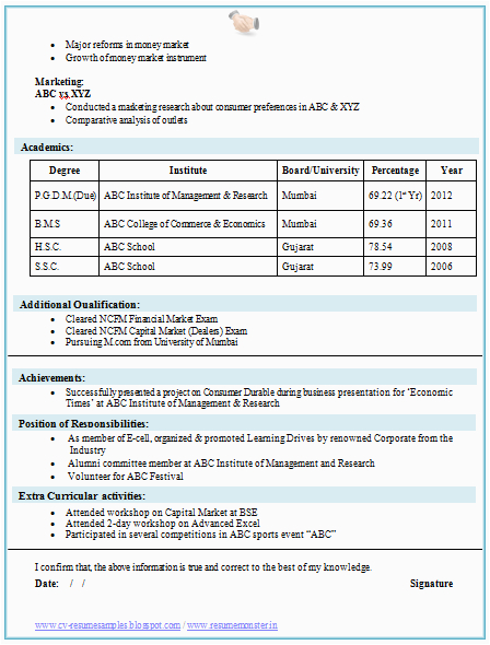 mba finance fresher resume template