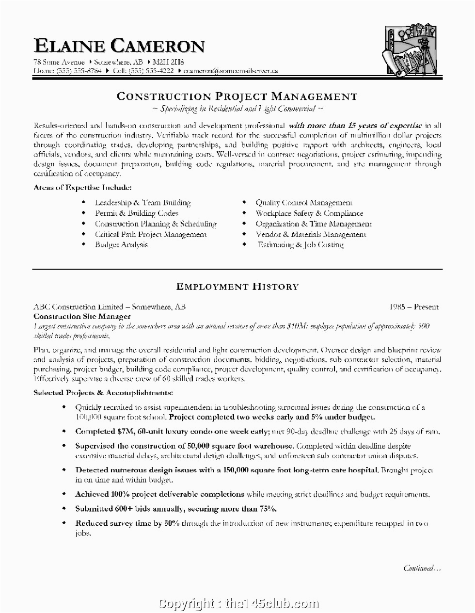 new project manager resume construction industry