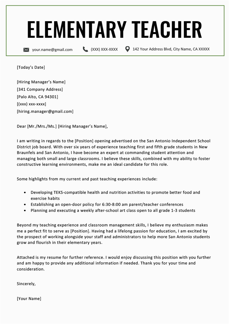 resume cover letter for a teacher