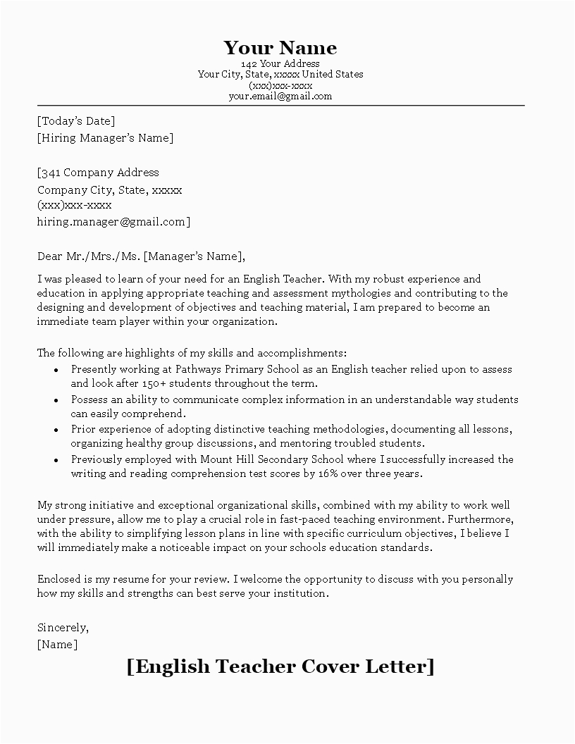 teacher resume cover letter