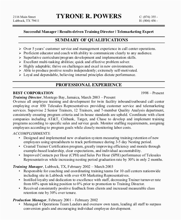 call center resume