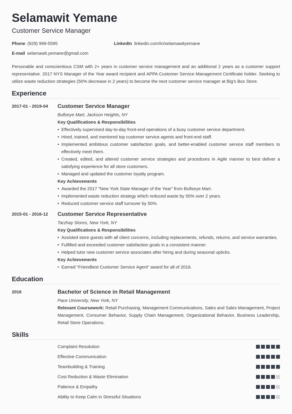 customer service manager resume example