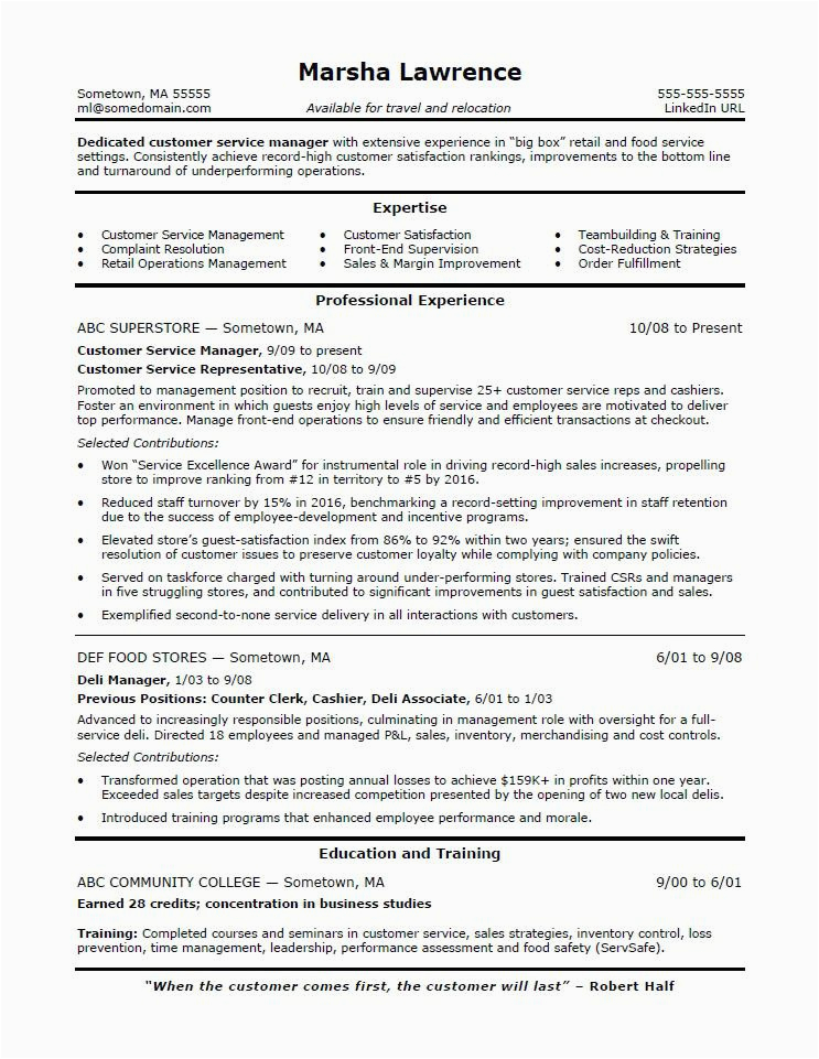 resume customer service manager