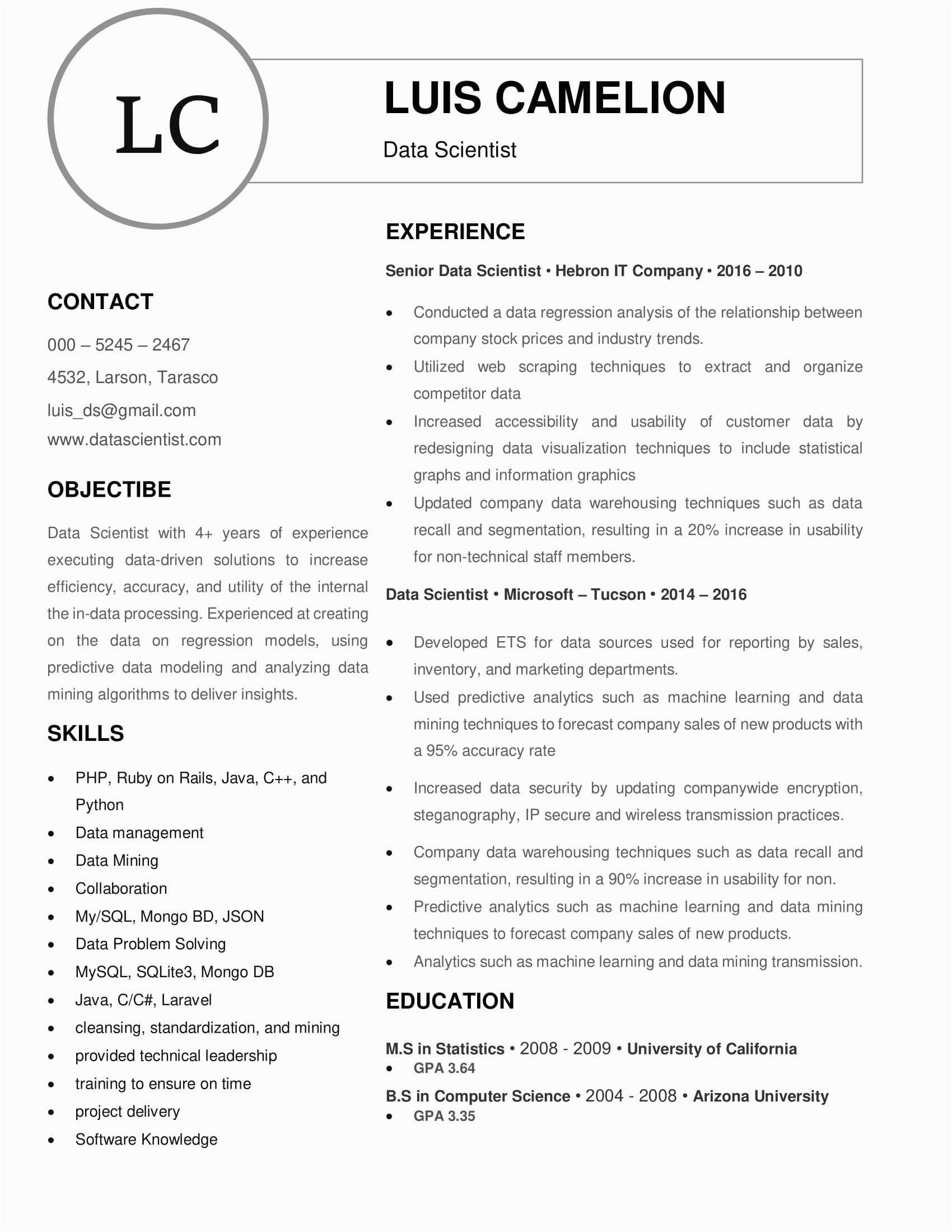 idaa resume template 0012 white 1 page data scientist no pic v1