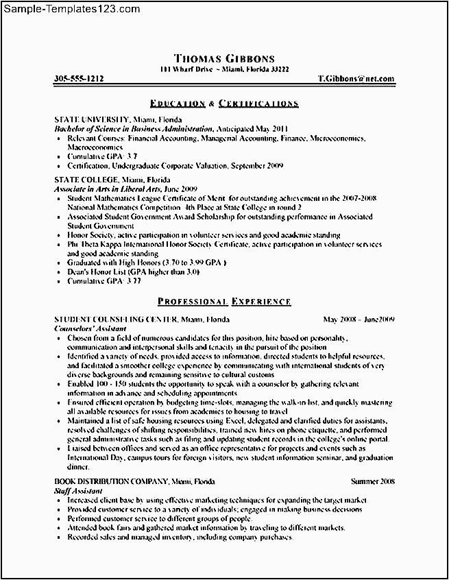 college student resume for internship