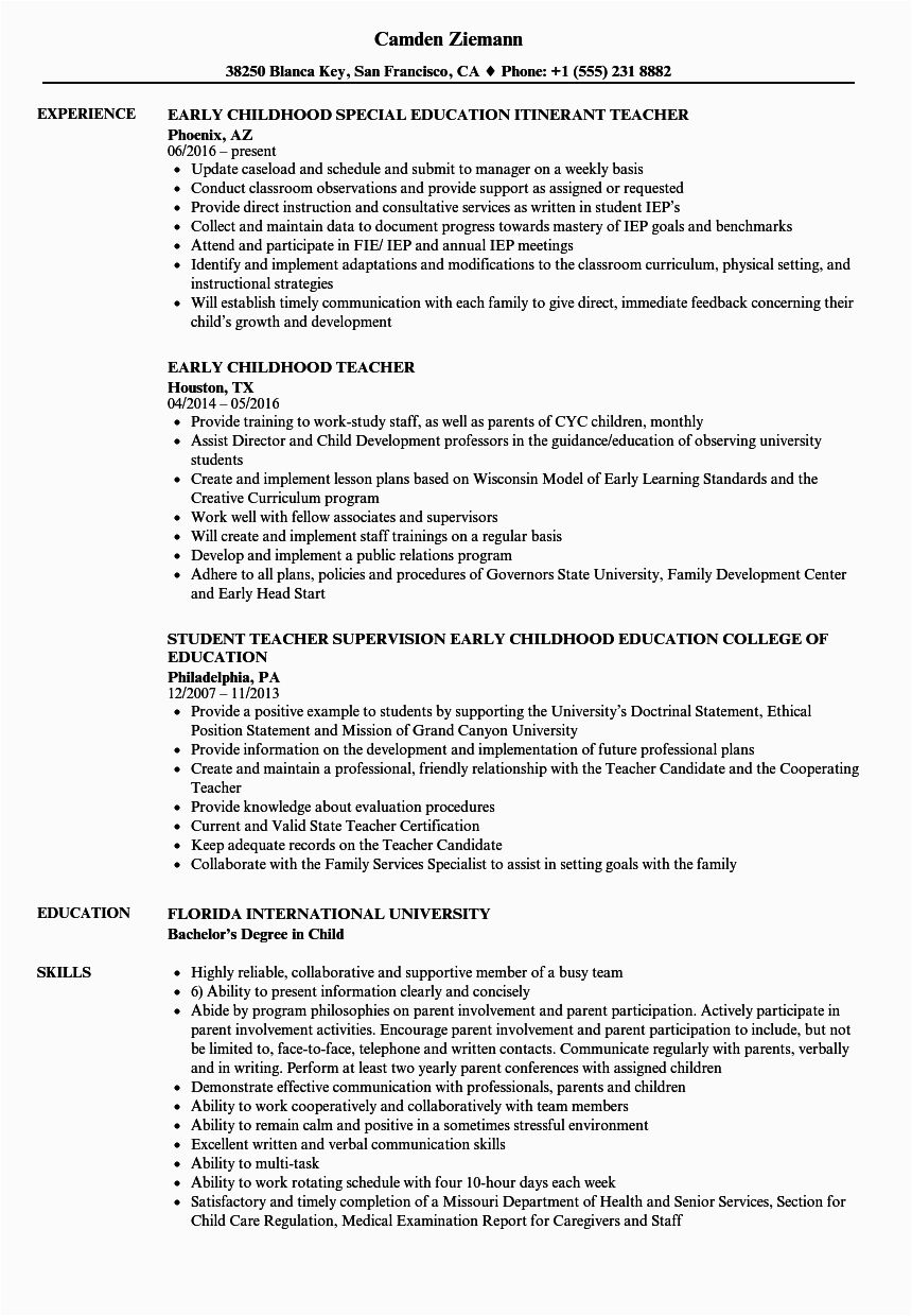 resume for early childhood education
