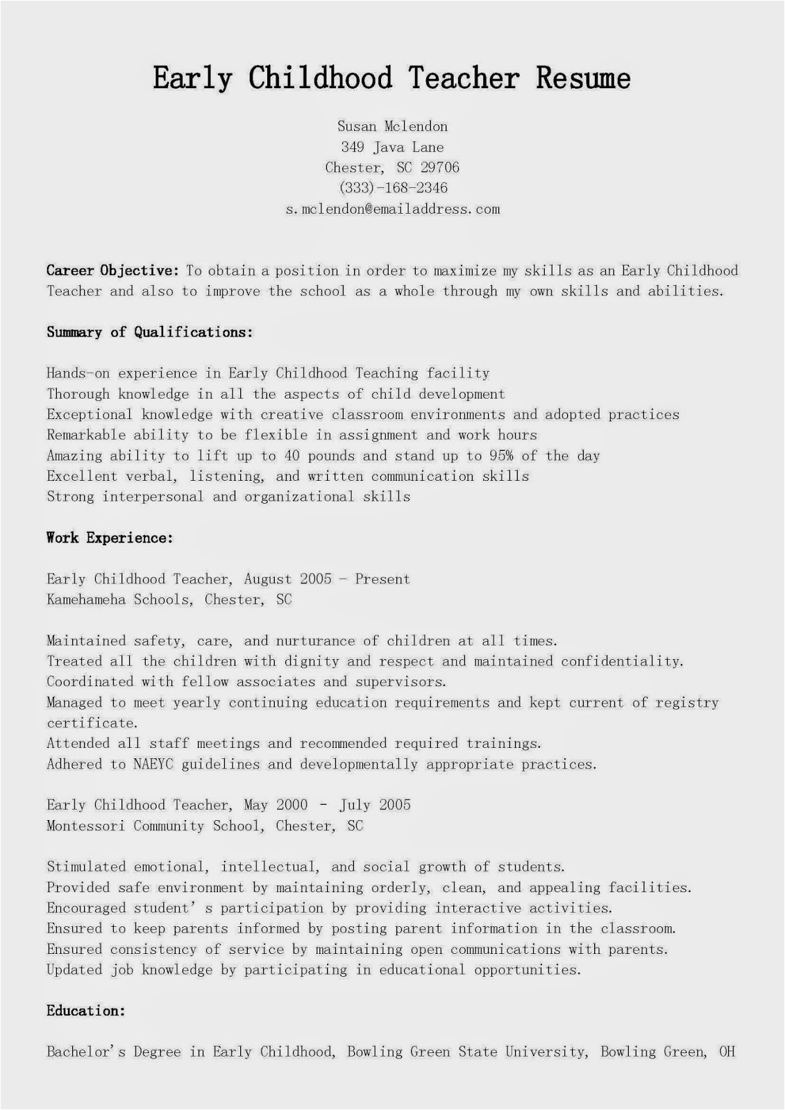 early childhood teacher resume sample