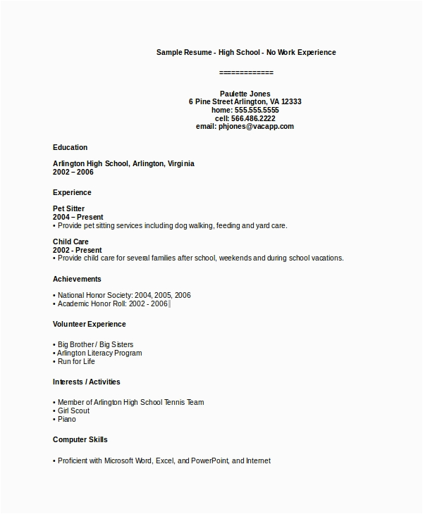 grade 10 teenager high school student resume with no work experience