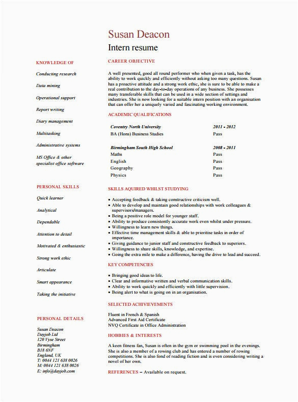 internship resume template