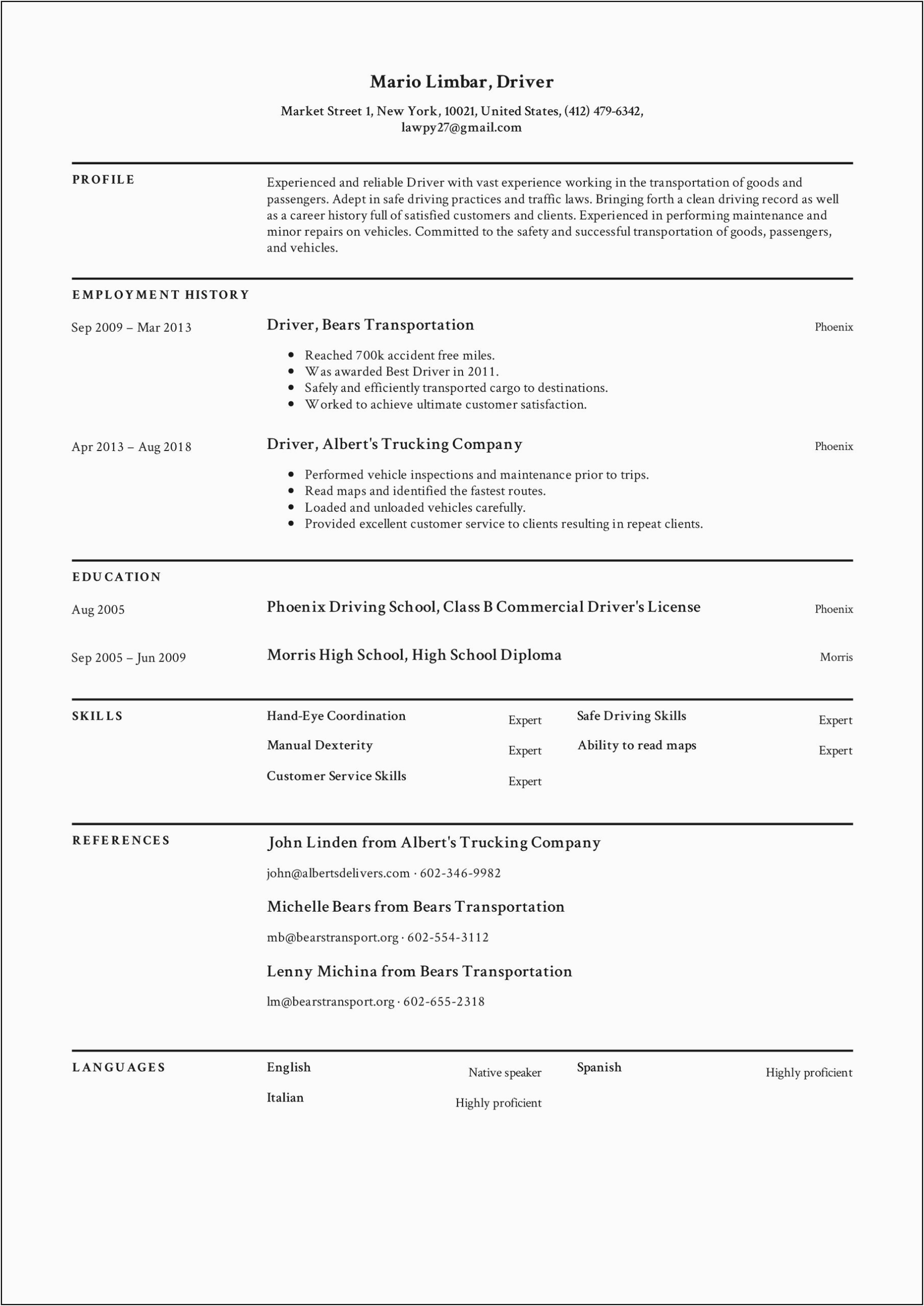 free truck driver resume template