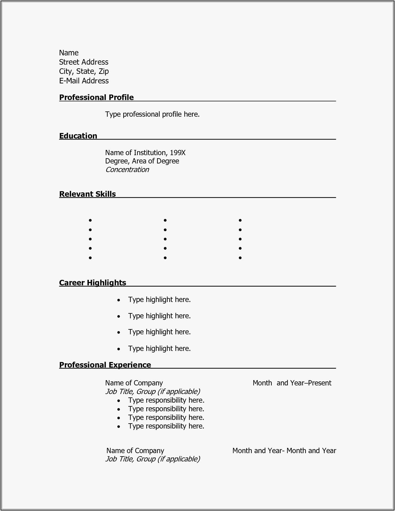 blank resume to fill out and print