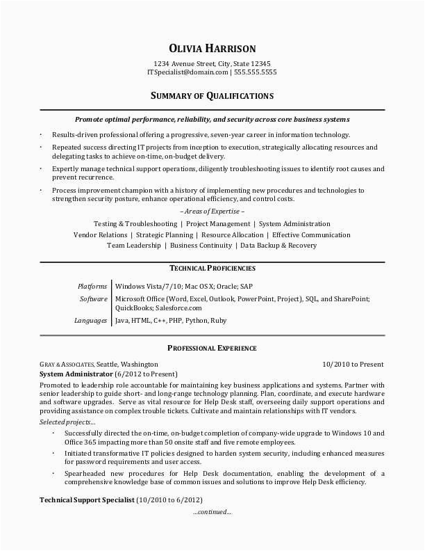 sample resume for it professional