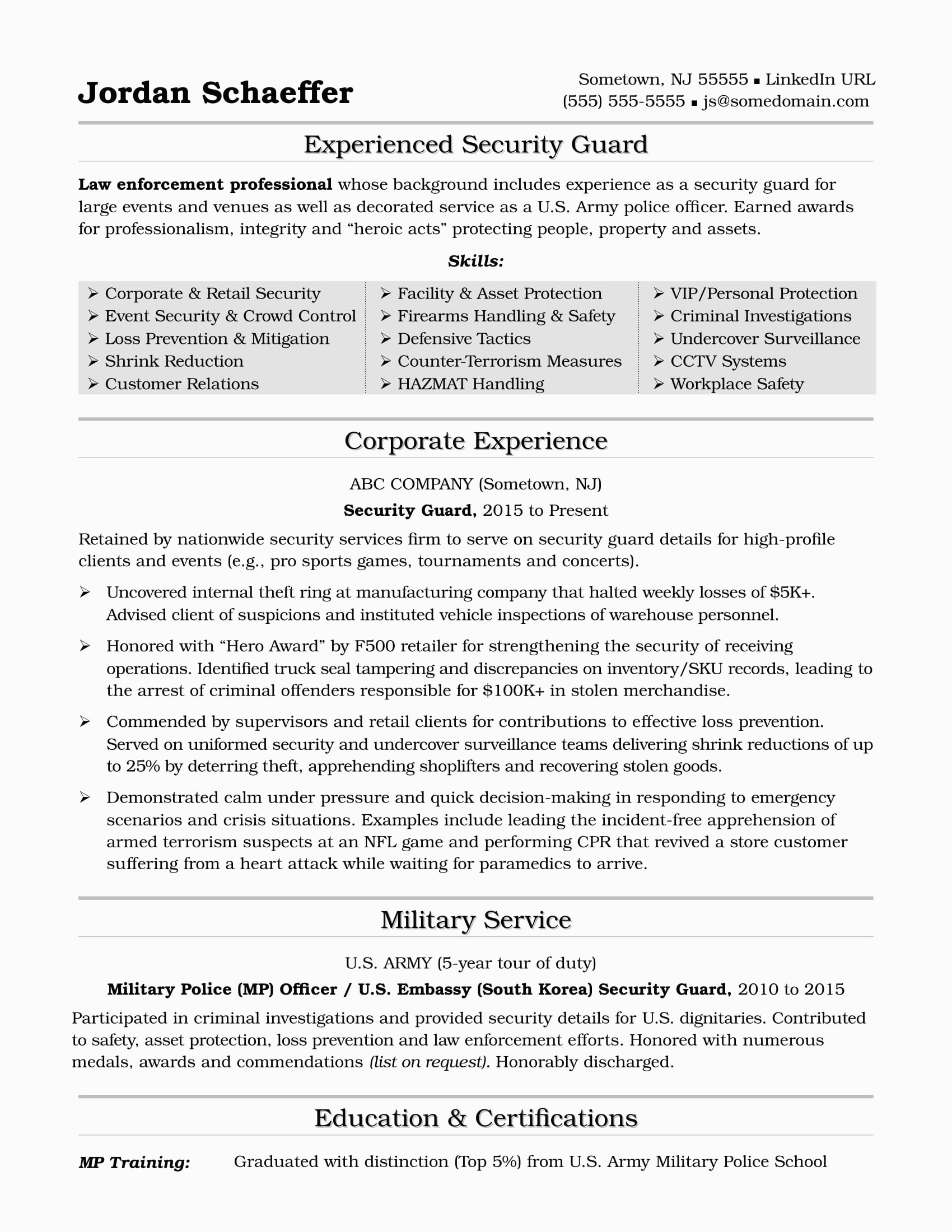 security guard resume sample