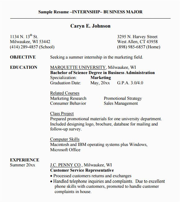 sample internship resume