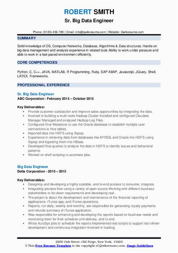 Data Engineer Resume Sample Containing Pyspark Big Data Engineer Resume Samples