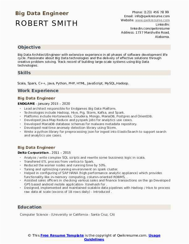 Data Engineer Resume Sample Containing Pyspark Big Data Engineer Resume Samples