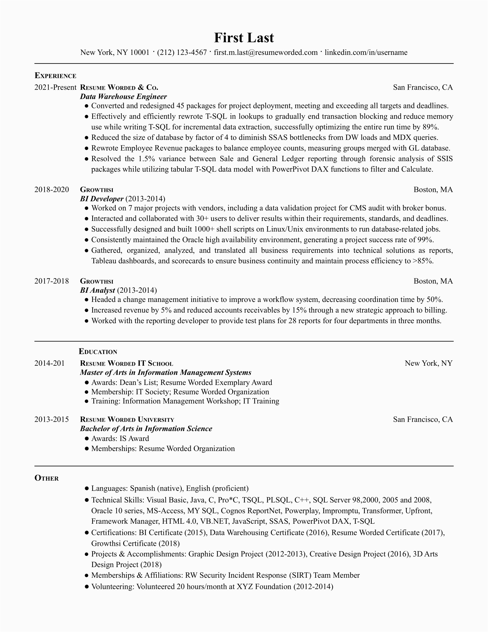 Data Engineer Resume Sample Containing Pyspark Data Warehouse Engineer Resume Example for 2022