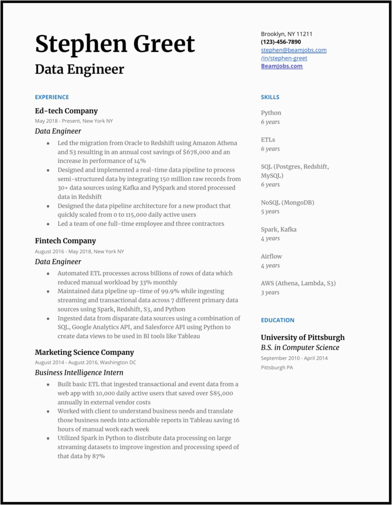 Data Engineer Resume Sample Containing Pyspark How to Build the Perfect Data Engineer Resume — with Examples – Career