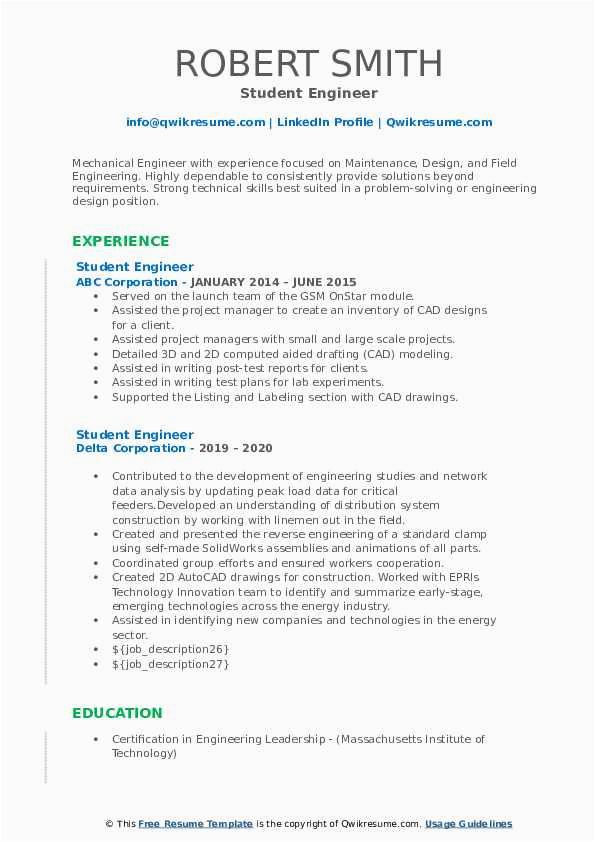 Sample Resume format for Engineering Students Student Engineer Resume Samples