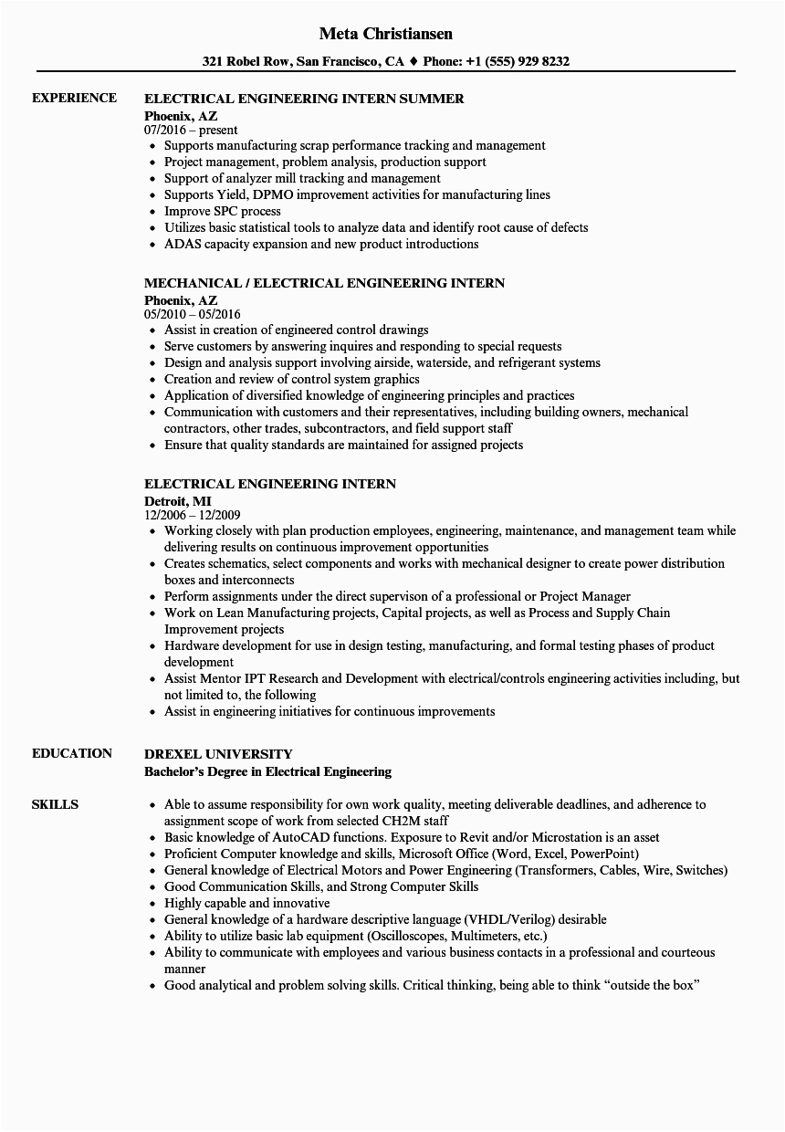 Electrical Engineering Undergrad Student Sample Resume Electrical Engineering Intern Resume Samples