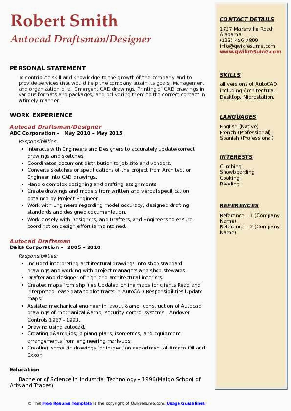Resume Samples In Canada for Draftsman Autocad Draftsman Resume Samples
