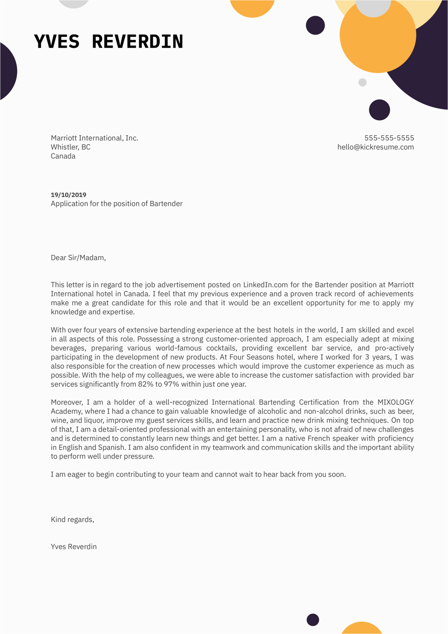 Sample Cover Letter for Bartender Resume Bartender Cover Letter Example